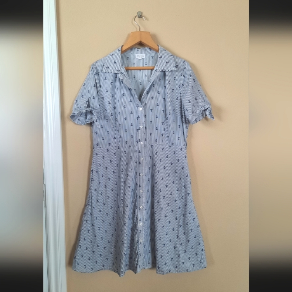 Chloe + Rene Blue White Stripe Cotton Button Down Dress Anchors Nautical